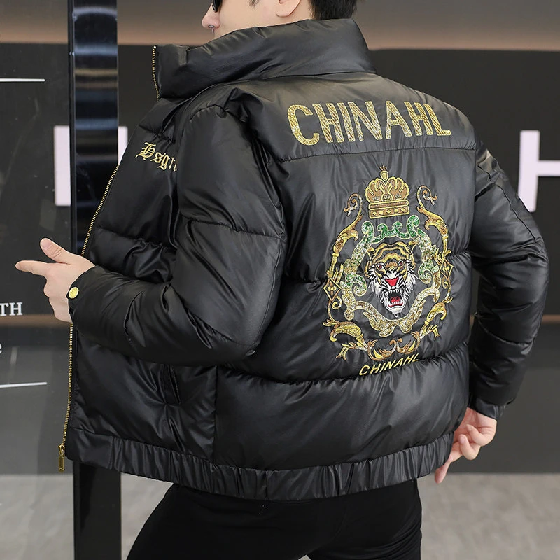 冬季新款男士欧货时尚潮流修身刺绣棉衣外套休闲立领加厚保暖棉服