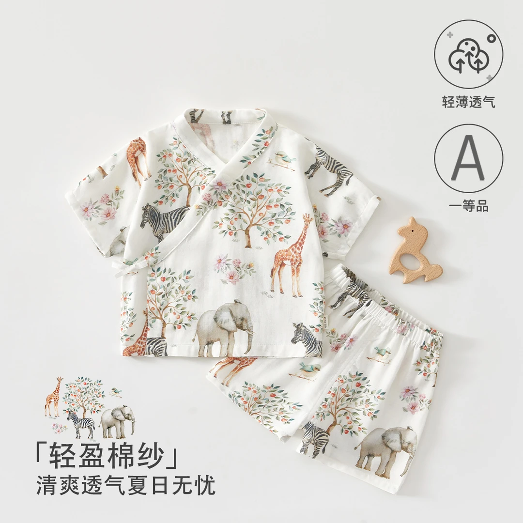 婴儿纱棉a类分体套装夏季短袖短裤纱布幼儿外出服空调服和尚服
