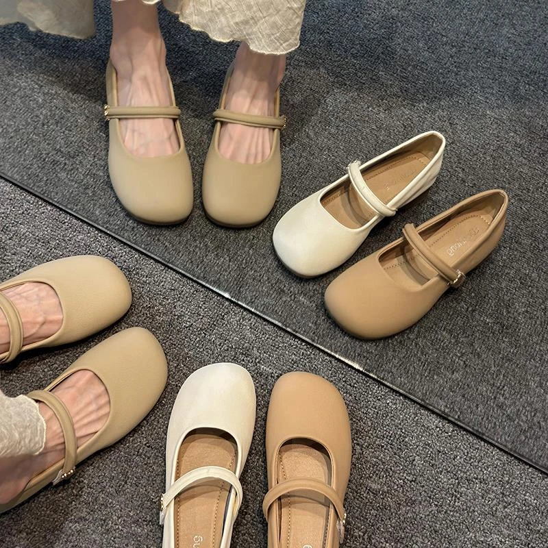 法式粗跟单鞋女新款春季百搭浅口圆头晚晚配裙子玛丽珍小皮鞋