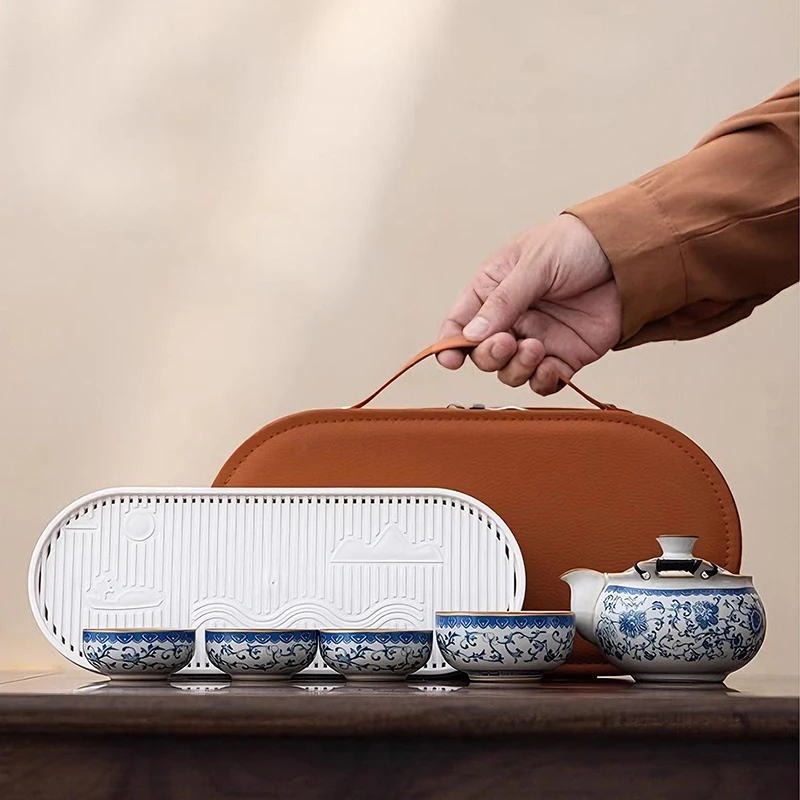 青花汝窑旅行茶具套装差旅露营便携式泡茶壶一壶四杯随身喝茶装备