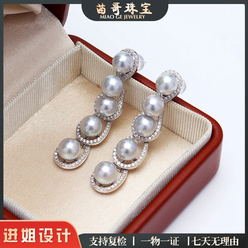 真多麻满锆马蹄五珠灵动款珍珠耳饰6-7mm(s925)