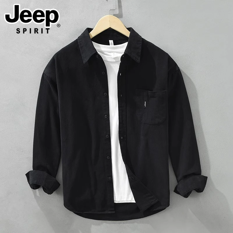 JEEPSPIRIT吉普春秋季新款男士长袖衬衫简约休闲宽松百搭文艺外套