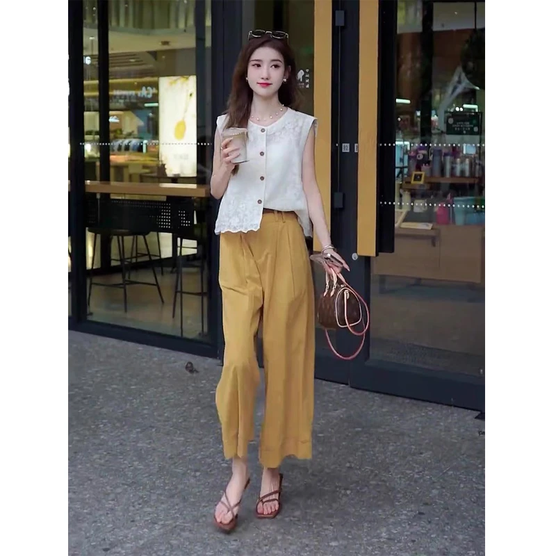 可盐可甜套装女夏季2025年新款蕾丝无袖上衣高腰休闲阔腿裤两件套