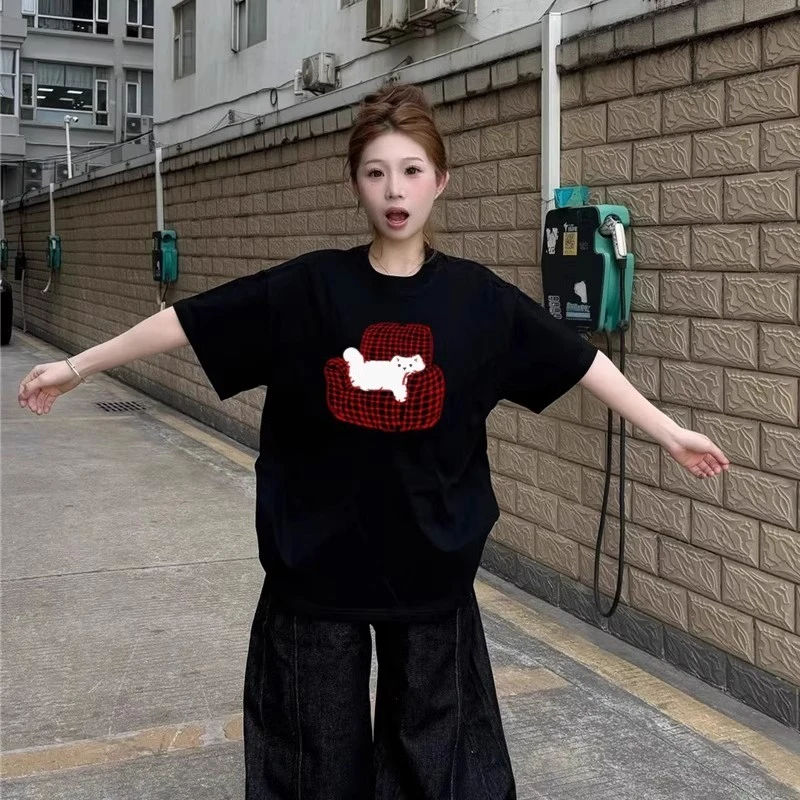 纯棉黑色短袖t恤女2025夏季新款正肩设计感小众美式宽松半袖体恤