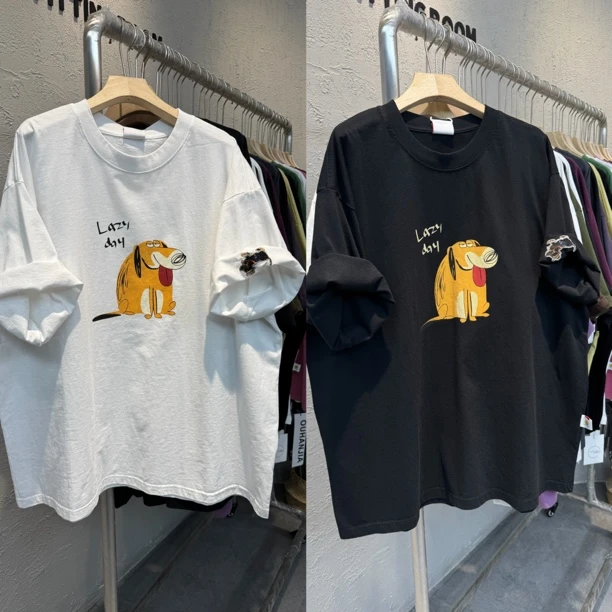 8602夏季韩版新款卡通小狗印花大版圆领短袖T恤女