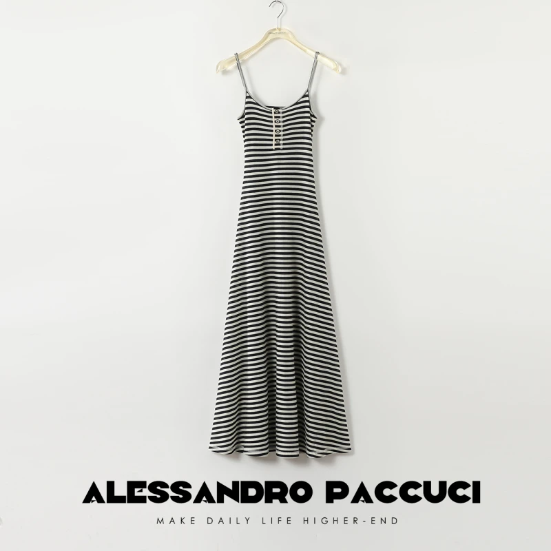 AP洛哥43049LL 绵羊毛撞色薄款透气休闲风A摆吊带连衣裙