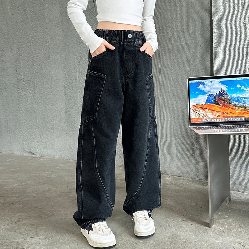 女童裤子春秋装2025新款女学生百搭休闲裤女童韩版弯刀阔腿牛仔裤
