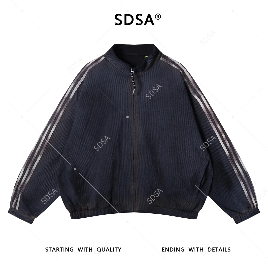 SDSA男士秋冬新款痞帅男装潮牌肌理感三条杠立领拉链卫衣外套百搭