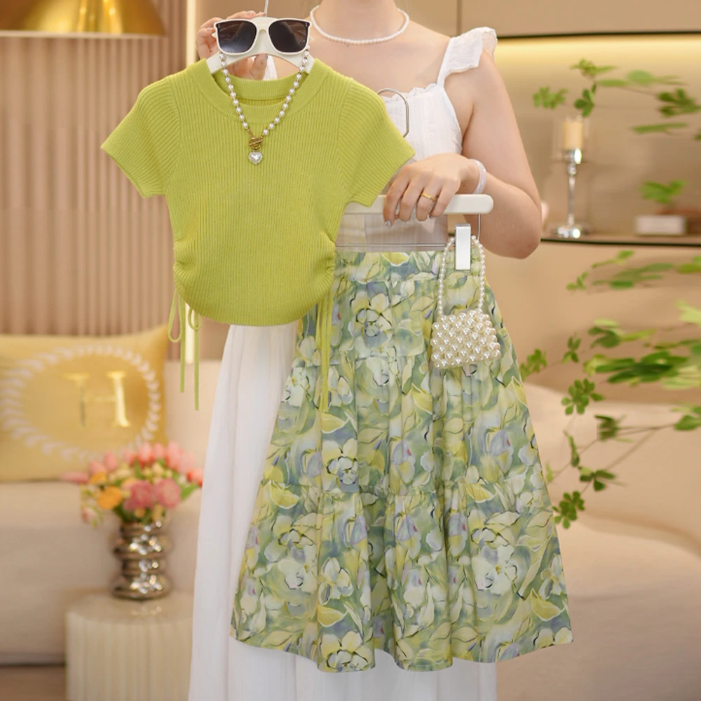女童2025夏季新款碎花油画针织短袖T恤裙子套装-8424