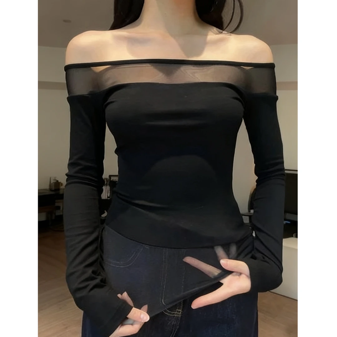 美式长袖T恤女早秋2025新款一字领网纱拼接微透内搭打底黑色上衣