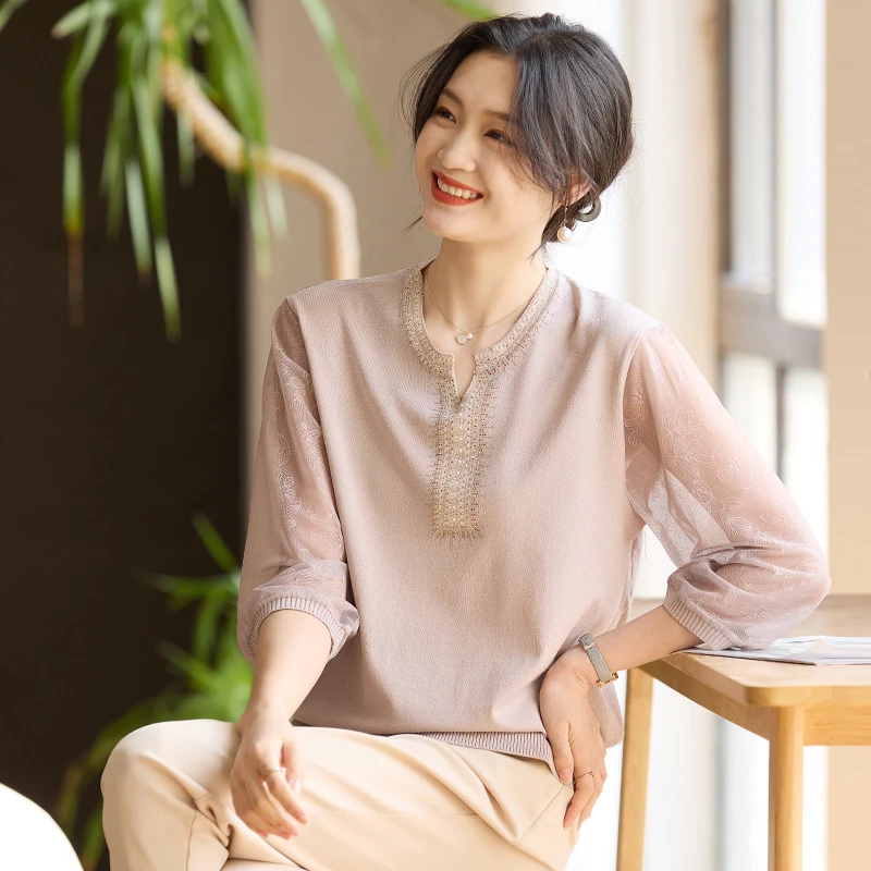 喜卉妈妈秋装洋气减龄针织小衫中老年女装春秋季纱袖打底上衣宽松