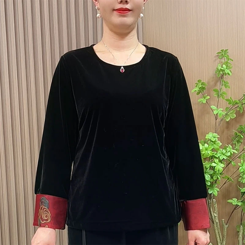 妈妈装春秋圆领打底衫短款中老年女装春秋时尚百搭配马甲丝绒小衫