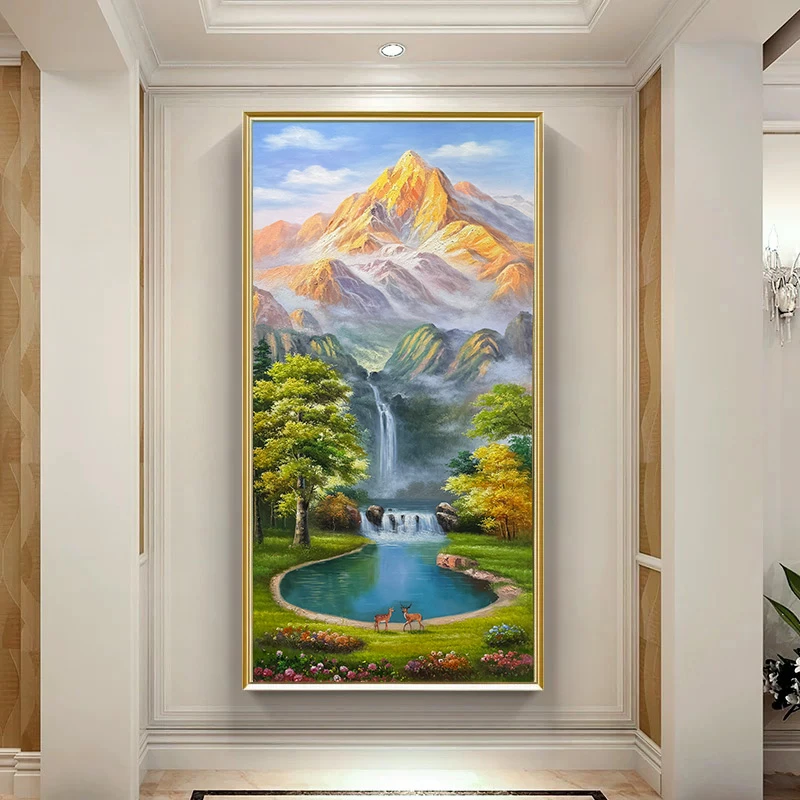 《孔雀蓝金山》手工高山流水聚宝盆客厅沙发入户玄关走廊墙挂画