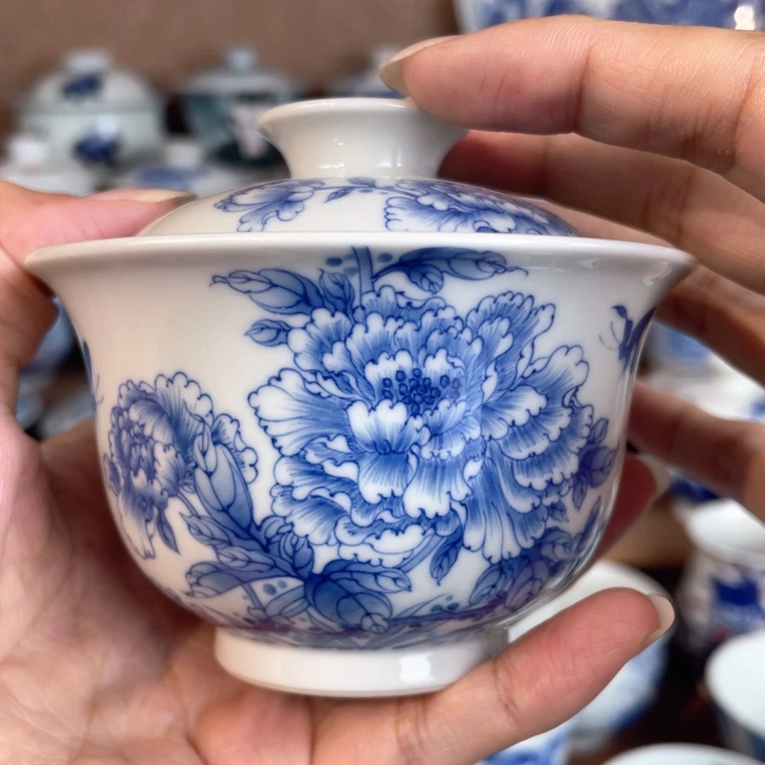 泥藝瓷梦牡丹花盖碗