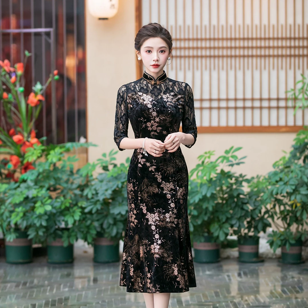 金钻绒春秋季中国风蕾丝旗袍手工长款旗袍气质显瘦日常走秀中式