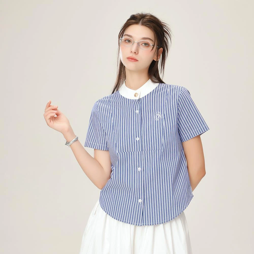 甜美学院风刺绣小众设计条纹短袖衬衫女夏季2025新款百搭显瘦上衣