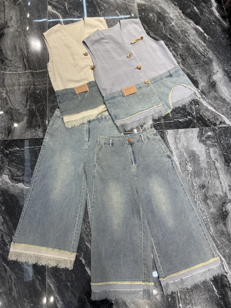【济州岛】设计感牛仔拼接无袖马甲+牛仔裤套装3825
