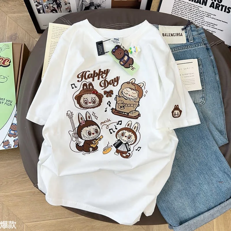 卡通印花夏季新款260纯棉短袖恤男女拉布布宽松小众设计感上衣