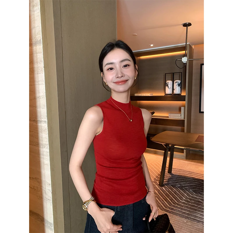 优雅气质红色半高领针织吊带背心女夏季冰丝修身短款法式无袖上衣