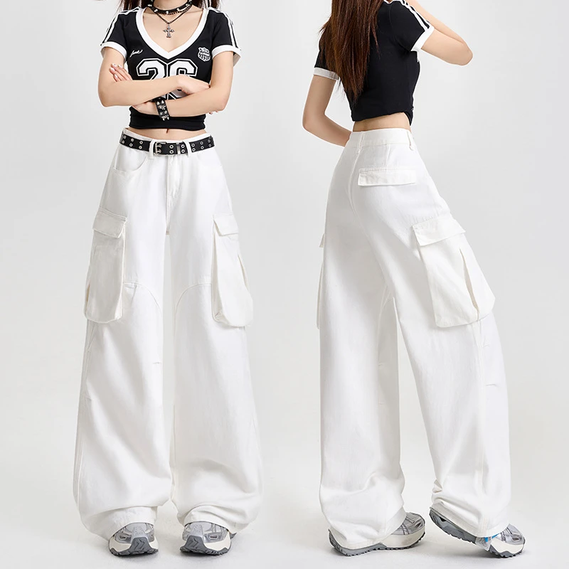 高质量爆款棉质多口袋工装牛仔裤春季新款白色舒适宽松直筒阔腿裤
