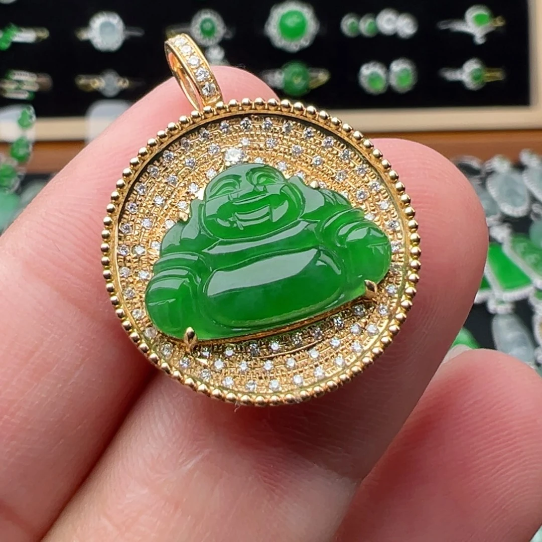 翡翠18K金镶嵌颈饰佛10.9