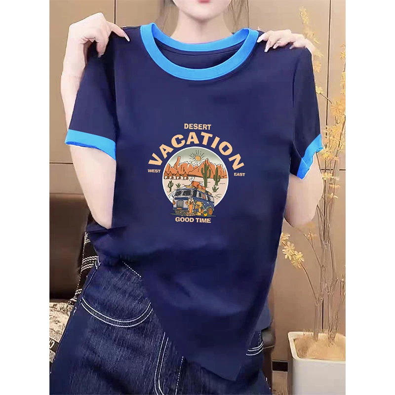 拼色正肩圆领短袖t恤女2025新款设计感小众时尚百搭减龄上衣夏季