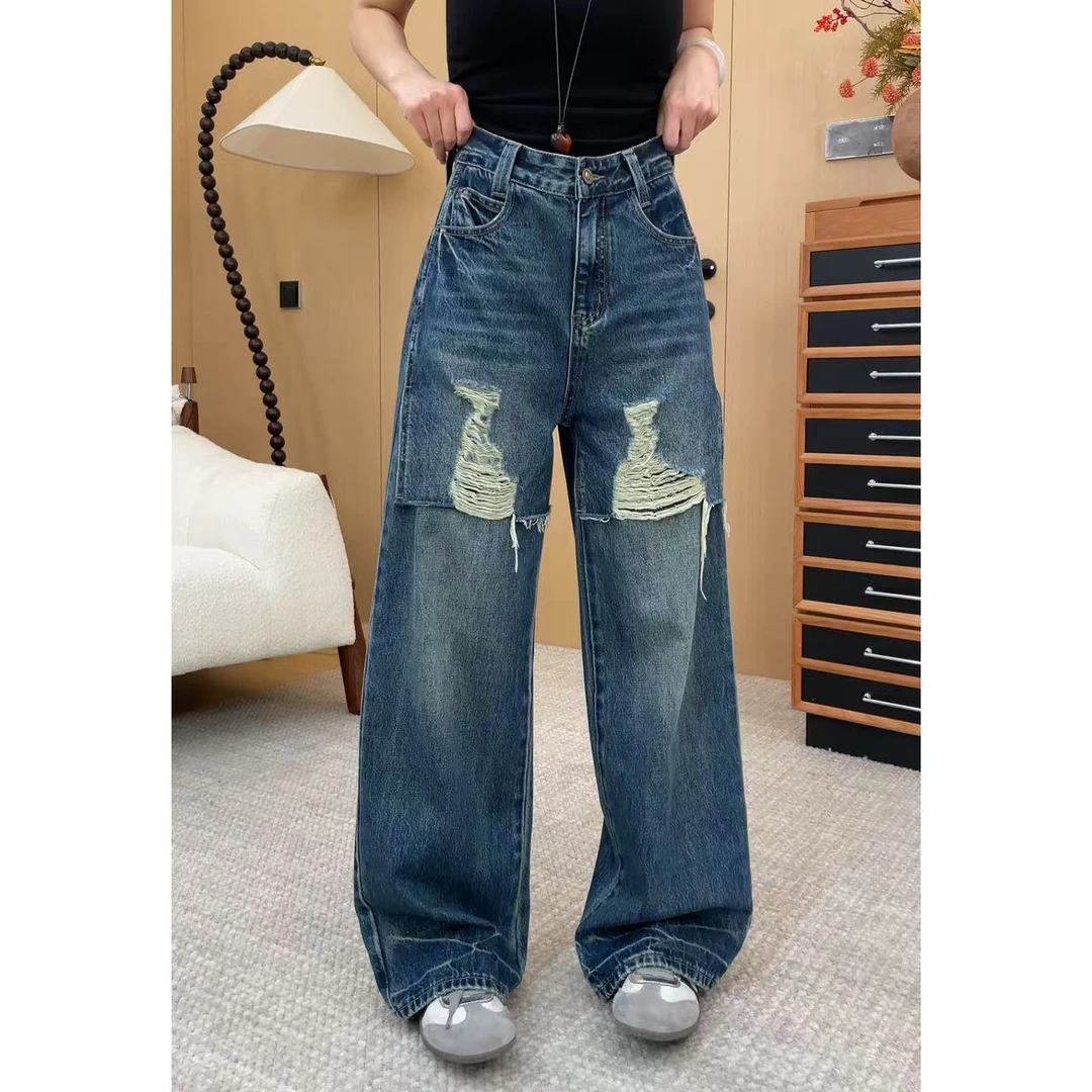 玖了个玖【破洞牛仔裤】2025早秋时尚百搭显瘦阔腿裤 2508C4970