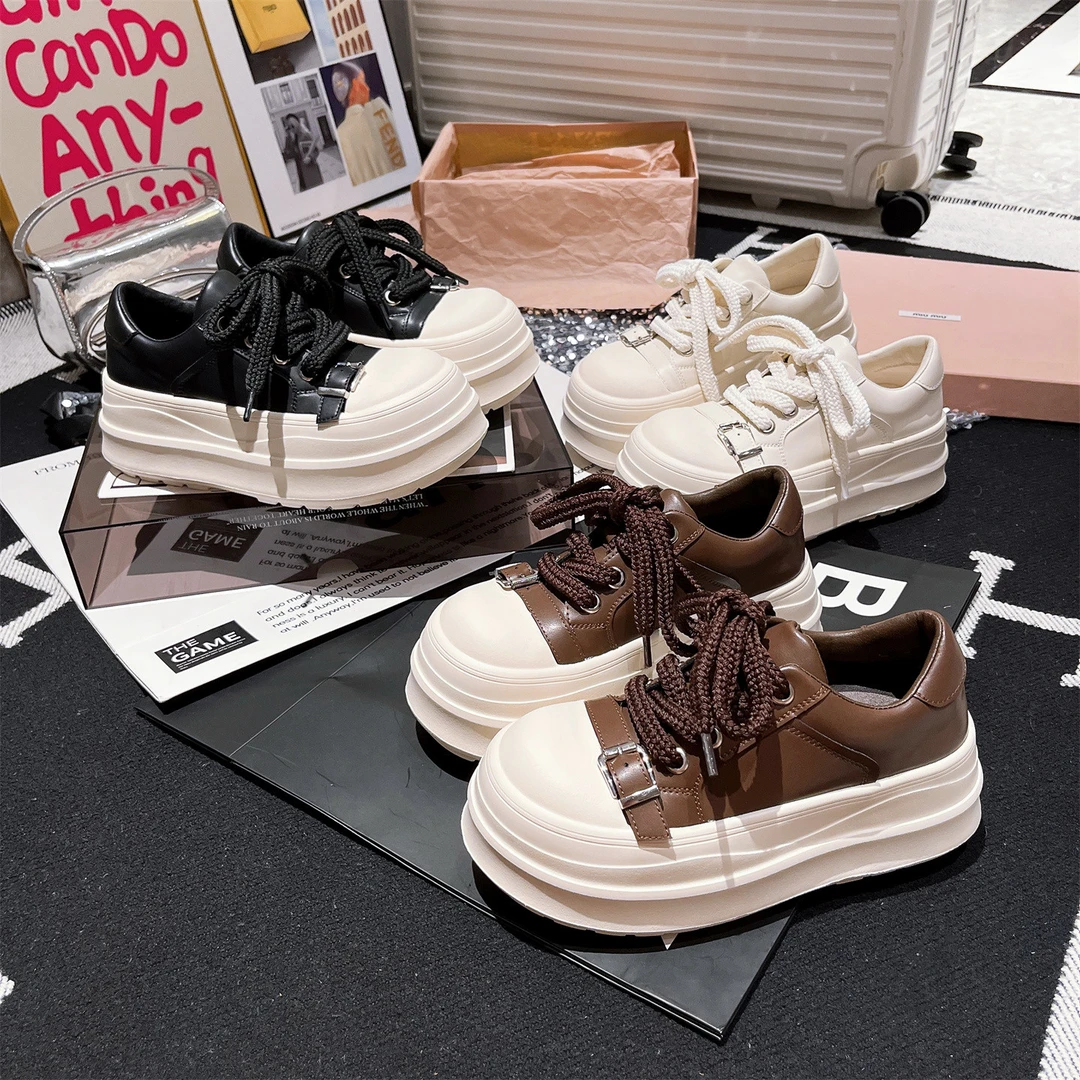 2025年金属扣增高大头系带厚底松糕面包鞋休闲板鞋小个子德训女鞋