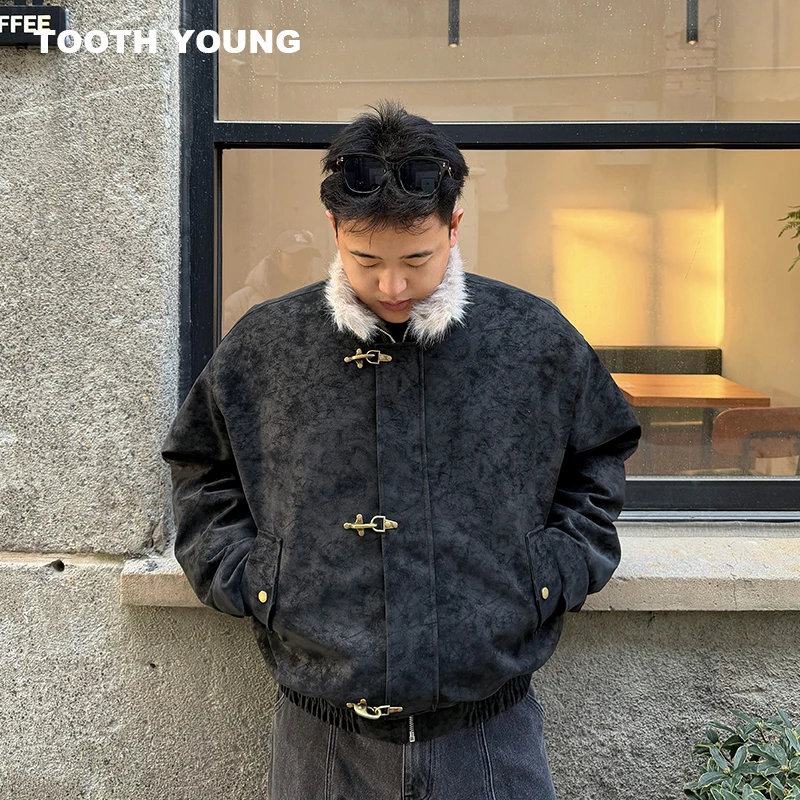 TOOTH YOUNG【哈林顿座山雕】飞机扣加厚美式立领雾面皮衣棉服外套