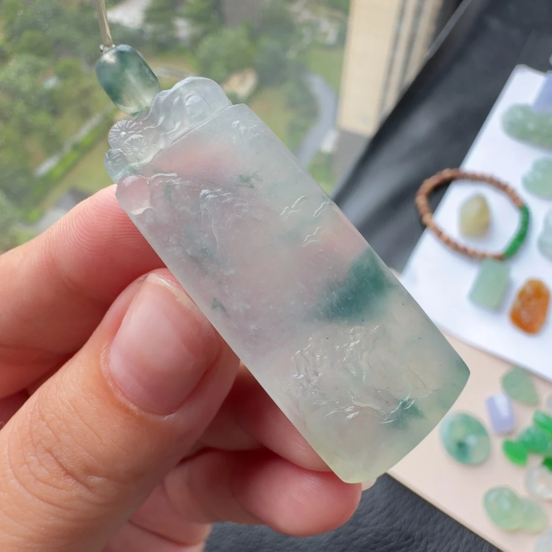 未镶嵌定制翡翠冰种飘花山水无事牌
