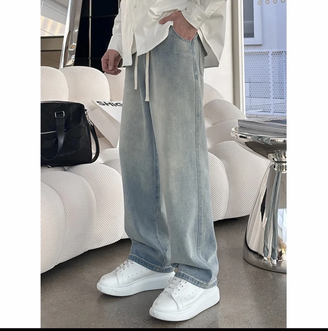 高端夏季新款休闲直筒浅色牛仔裤显瘦宽松百搭复古水洗长裤男士