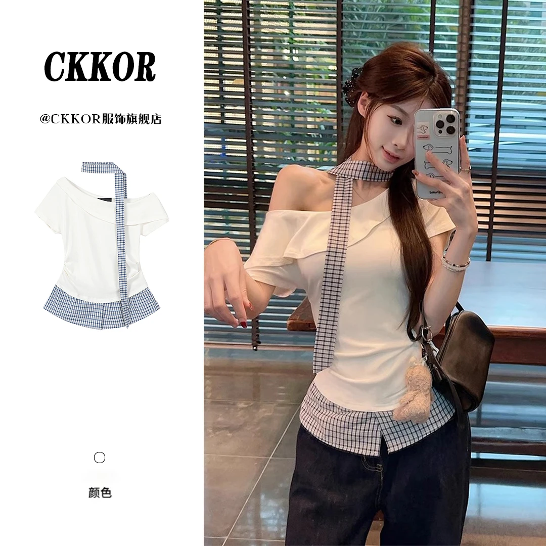 CKKOR韩版拼接假两件短袖t恤女夏季新款气质穿搭显瘦辣妹露肩上衣