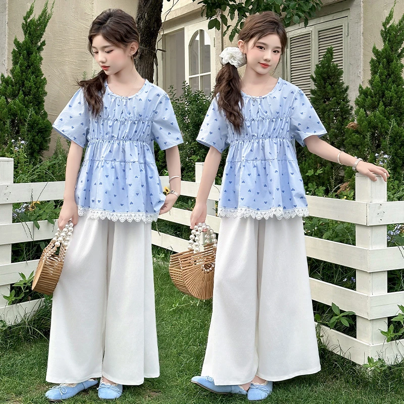 女童夏季套装2025新款洋气时髦儿童短袖夏装薄款女孩阔腿裤两件套