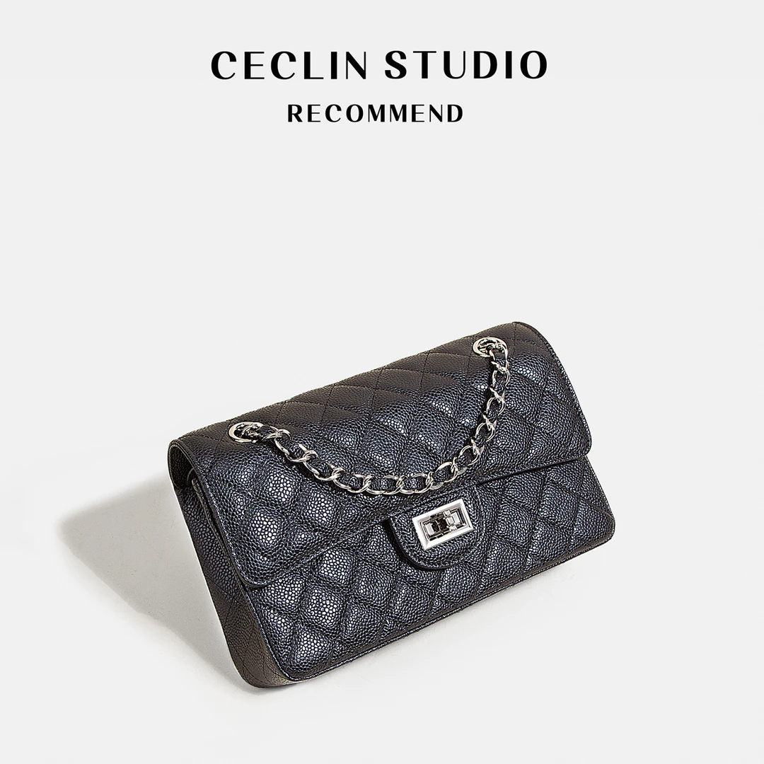 23CM小号牛皮小香风鱼子酱菱格链条高端黑色包包轻奢高级