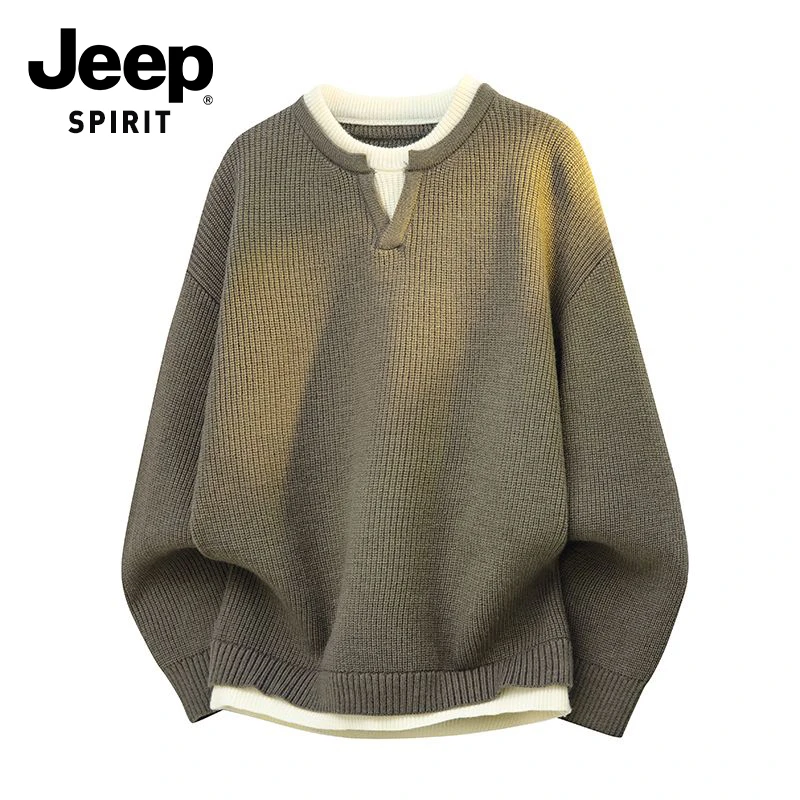 JEEPSPIRIT吉普假两件V领打底上衣男士秋季纯色慵懒风高级感毛衣