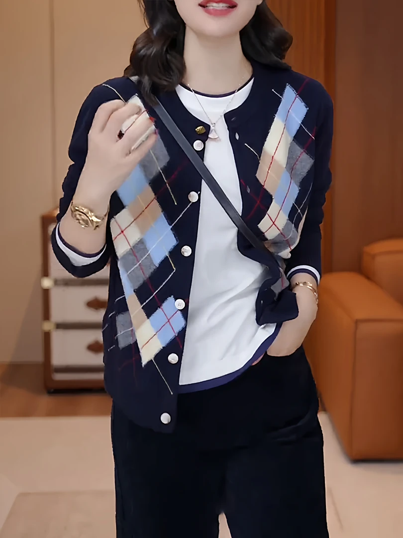 短款圆领毛衣外套女春秋季2025新款洋气宽松外搭上衣针织菱格开衫