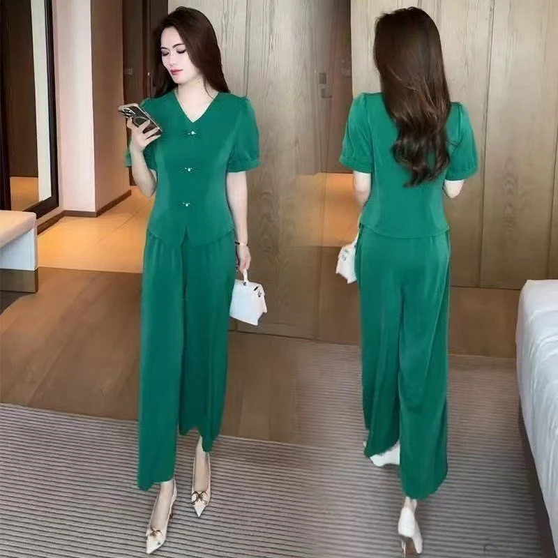 新中式时尚休闲套装女2025夏季新款洋气显瘦盘扣短袖阔腿裤两件套