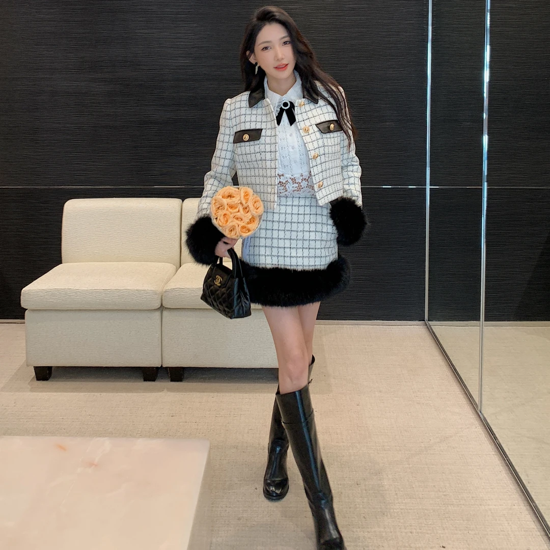 法式小香风白色格子粗花呢毛毛外套高腰短裙长袖连衣裙子三件套装