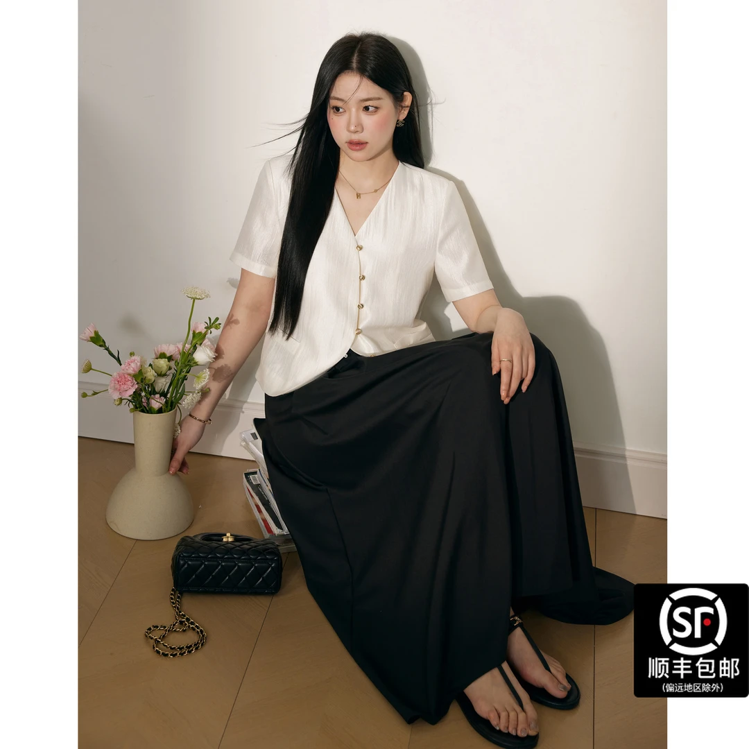 蓝语大码女装胖mm小香风气质短袖衬衫黑色半身裙夏遮肉套装13891