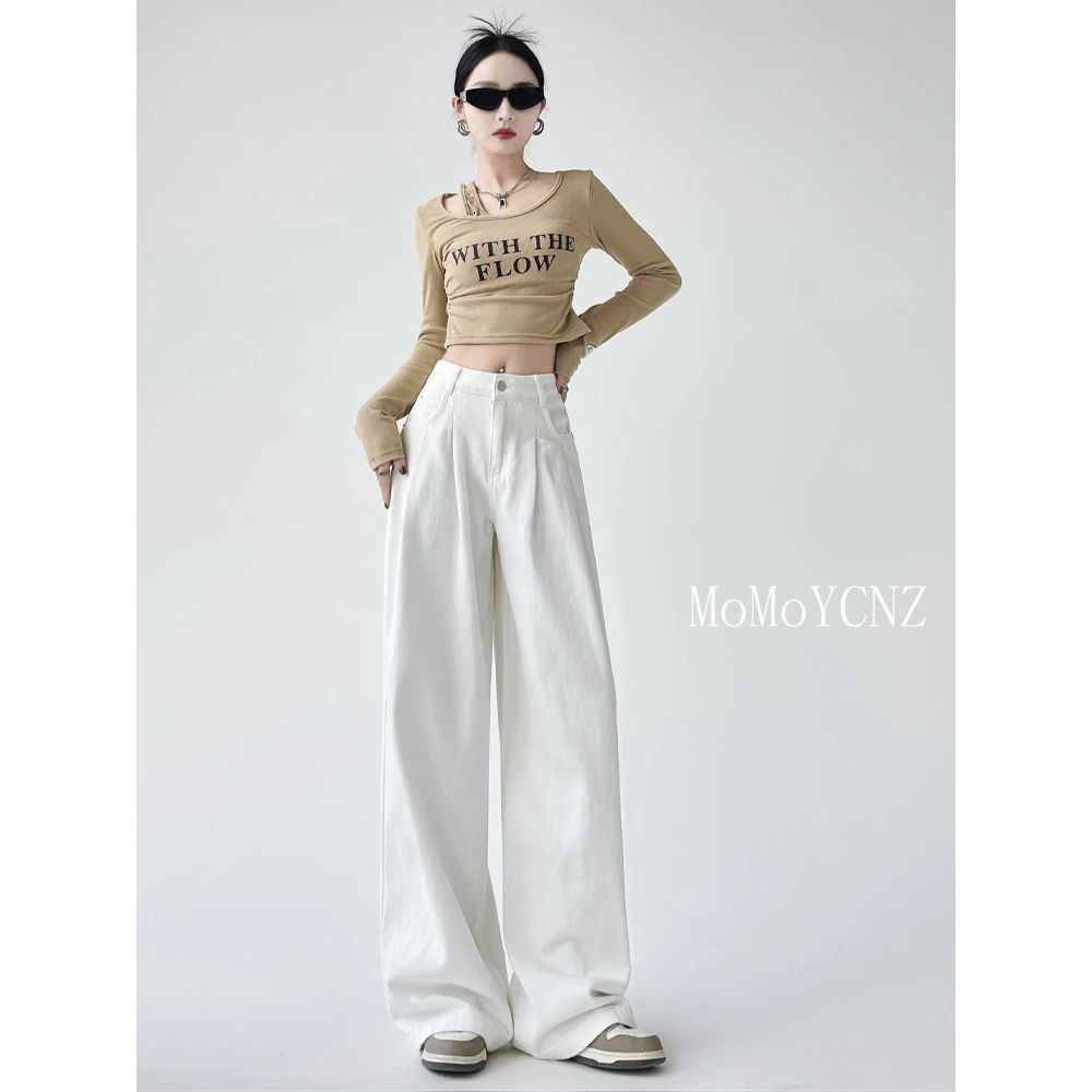 白色褶皱不透阔腿牛仔裤女2025早秋新款宽松高腰显瘦直筒裤小个子