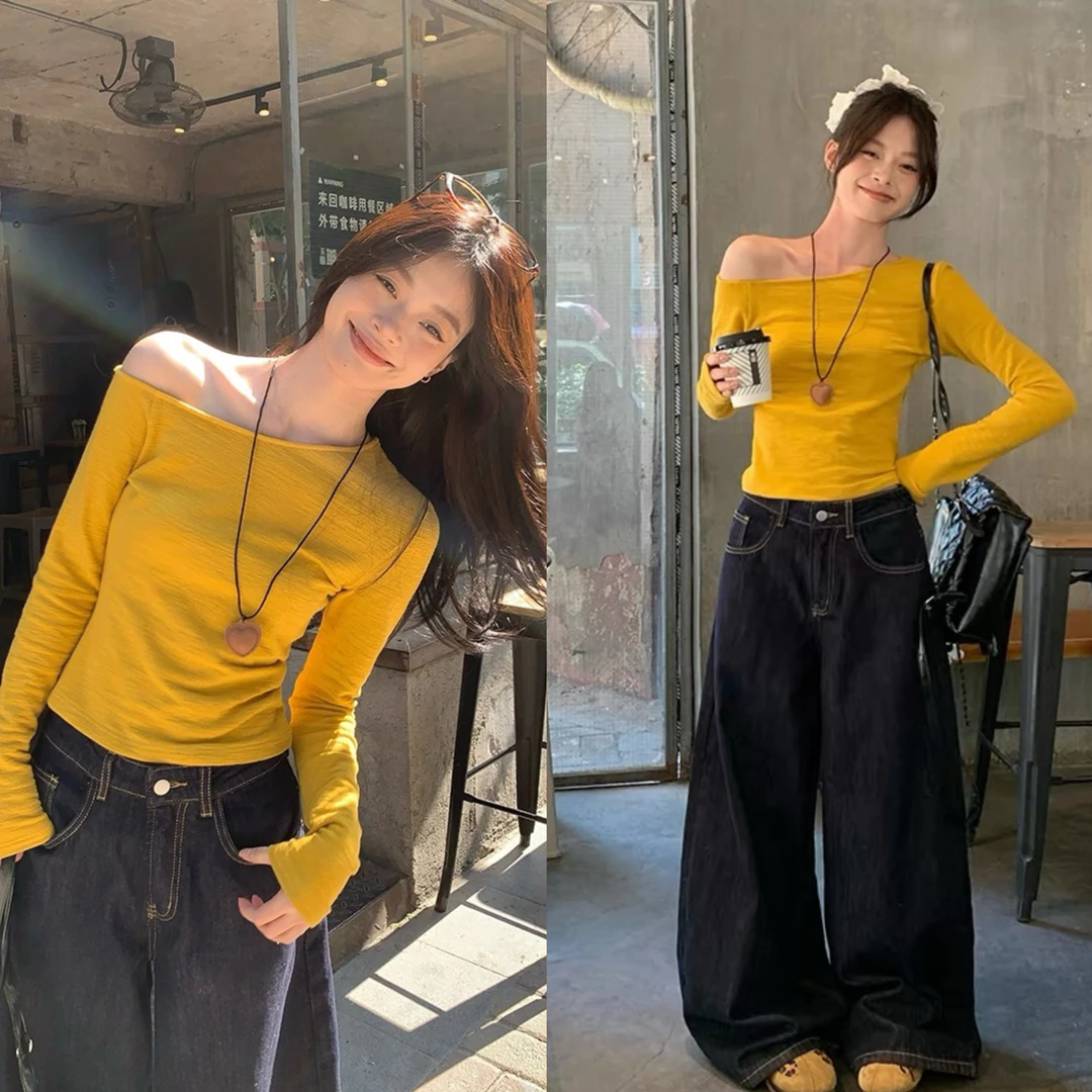 2025早秋新款大码胖mm黄色斜肩显瘦长袖t恤