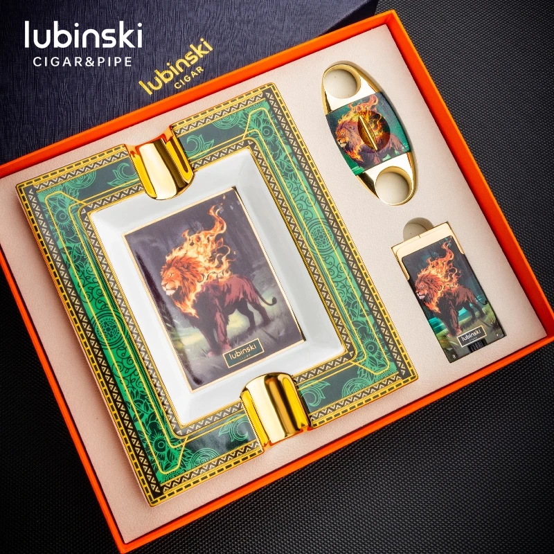 LUBINSKI雪茄工具礼盒时尚陶瓷烟灰缸蓝焰双直冲打火机锋利V剪刀