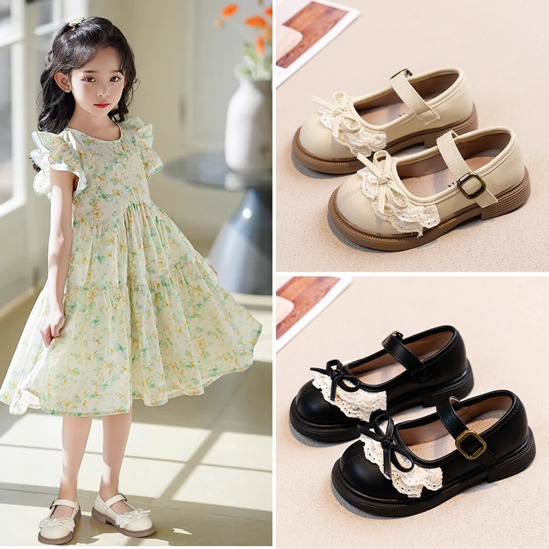 女童方口花边小皮鞋2025年春季新款小女孩洋气复古英伦风公主单鞋