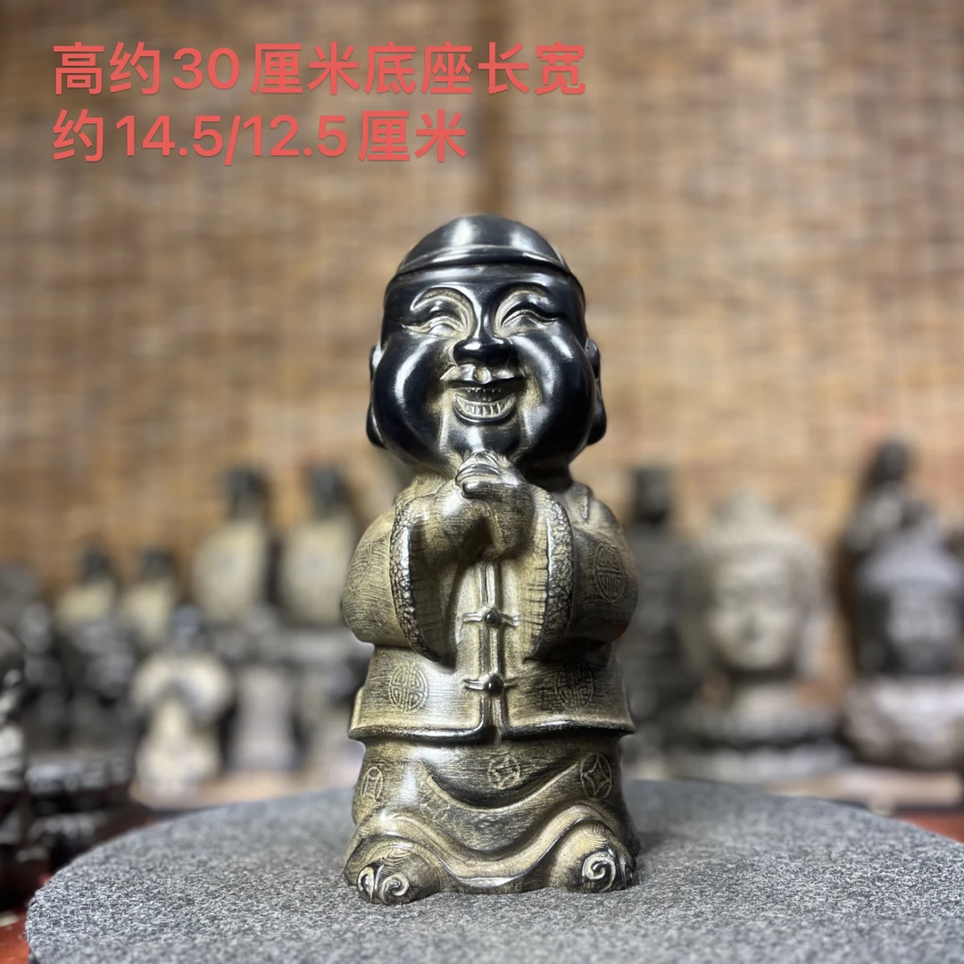 天然青石仿古雕刻地主爷石雕摆件家居茶室店铺会所桌面摆件造景