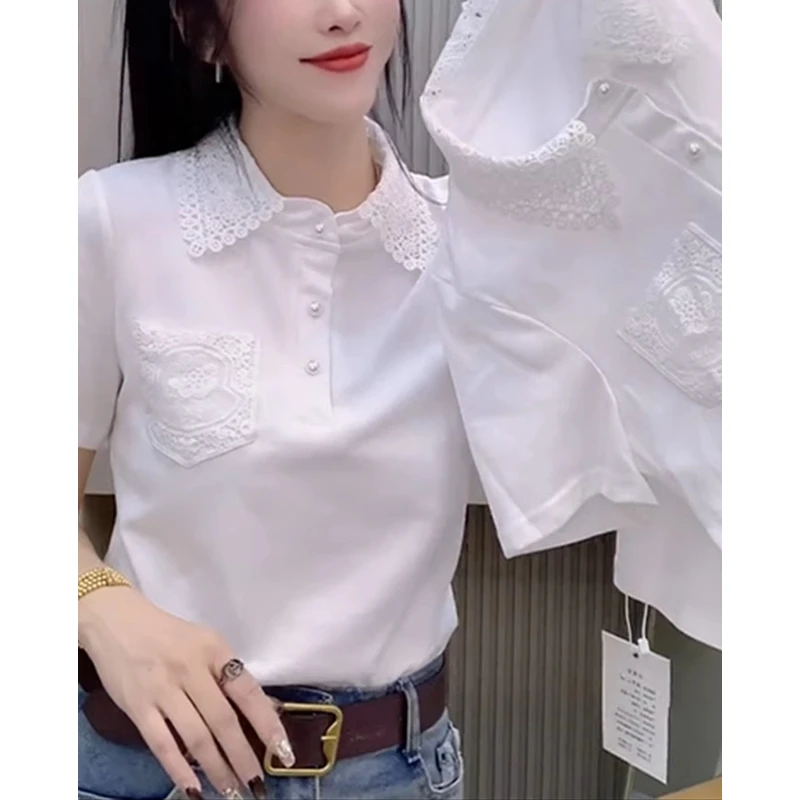 妈妈装白色钩花蕾丝衬衫女夏季新款2025设计感夏装短袖翻领上衣夏