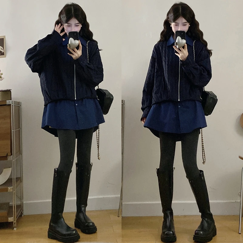 大码胖mmm女装秋冬新款假两件格纹拉链外套女遮肉加厚翻领上衣女