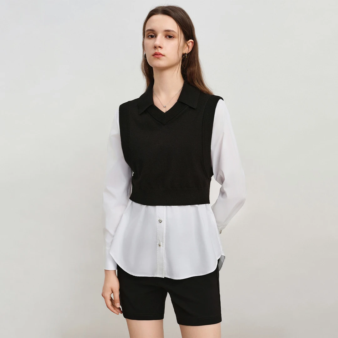 【芊芊专属】撞色假两件针织衫秋2024拼接设计感套头衫Y733305006