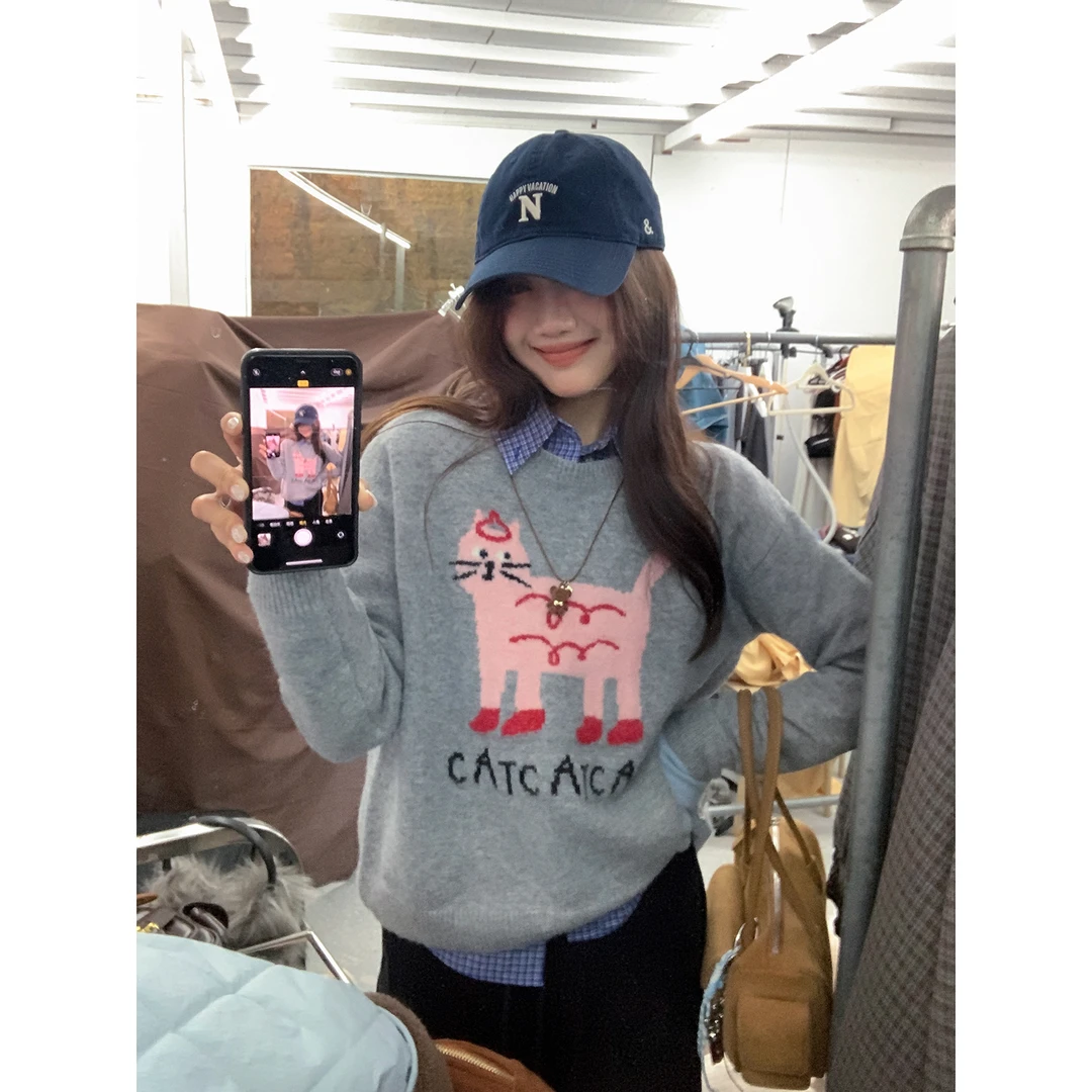 【西西里安】 粉色小猫~韩系复古慵懒感毛衣女撞色提花羊毛衫