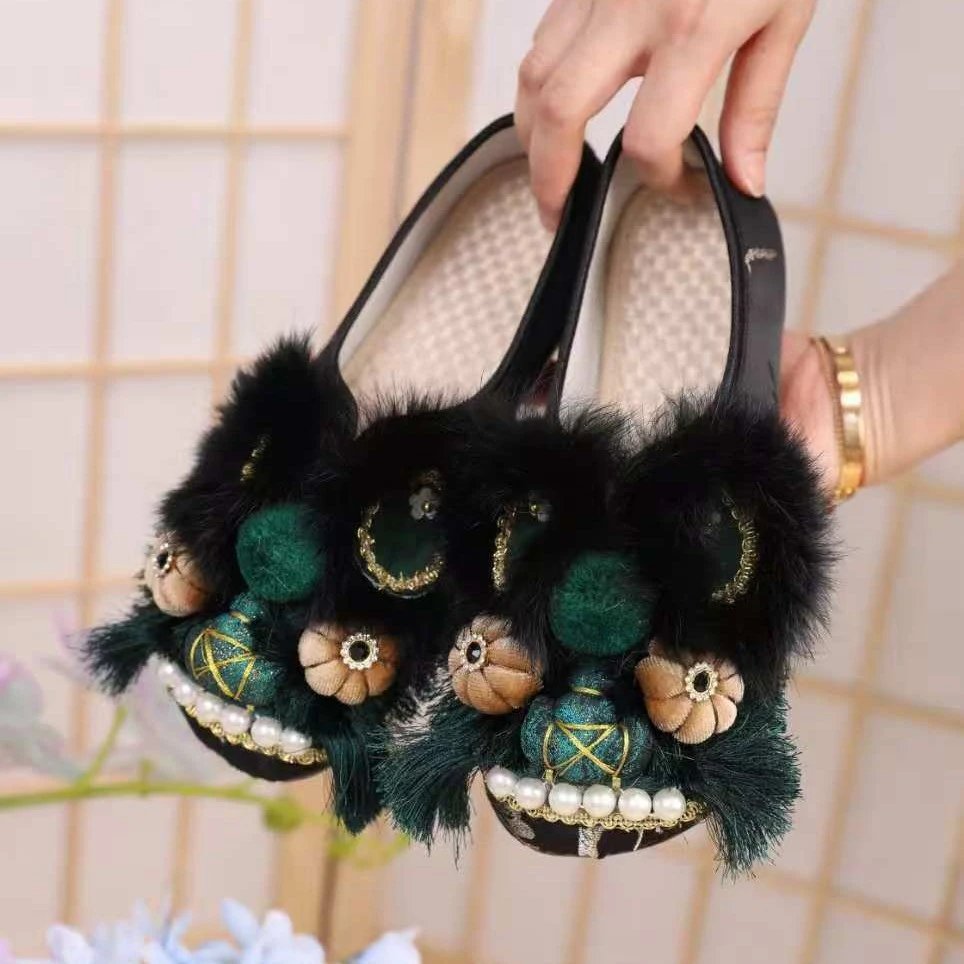 手工复古虎头鞋春季新款平底国风非遗手工虎头鞋中式绣花拖鞋居家