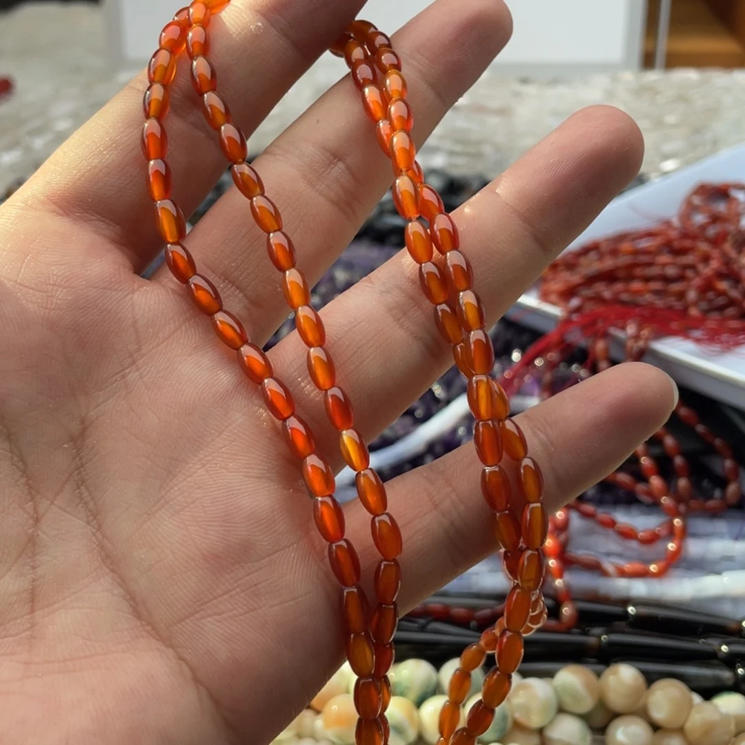 玛瑙/玉髓合金珠宝半成品一条装4*6mm橘红玛瑙米珠